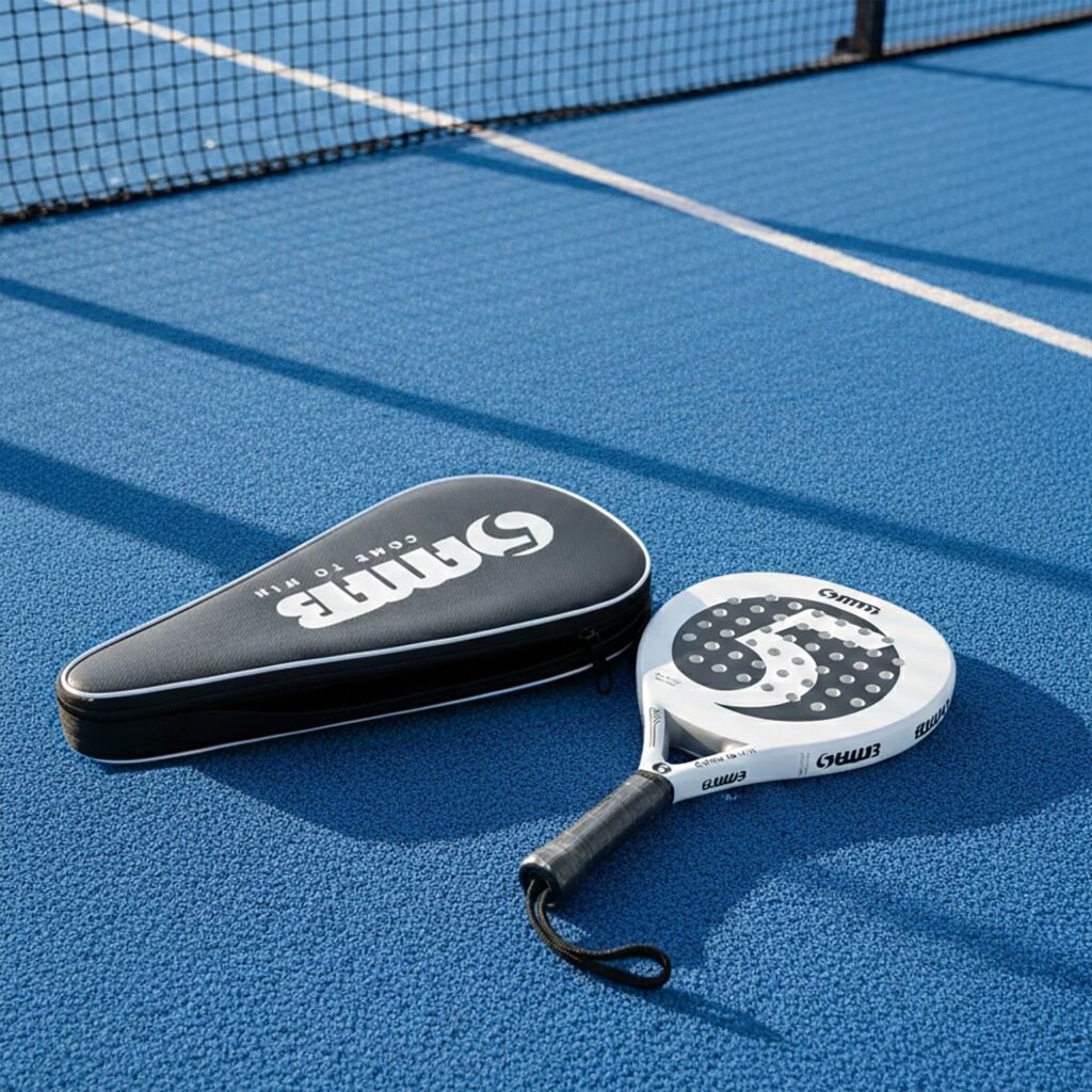 Padel racket cover and racket lying on a blue court