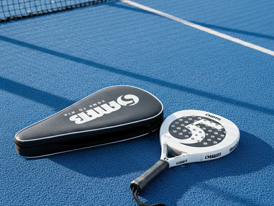 Padel racket cover and racket lying on a blue court