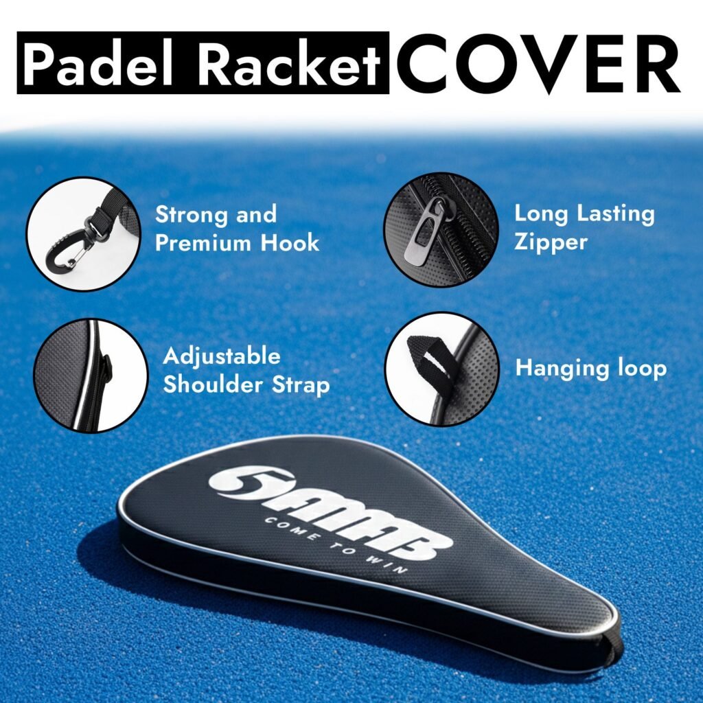 Padel racket cover infographic with four feature close-ups
