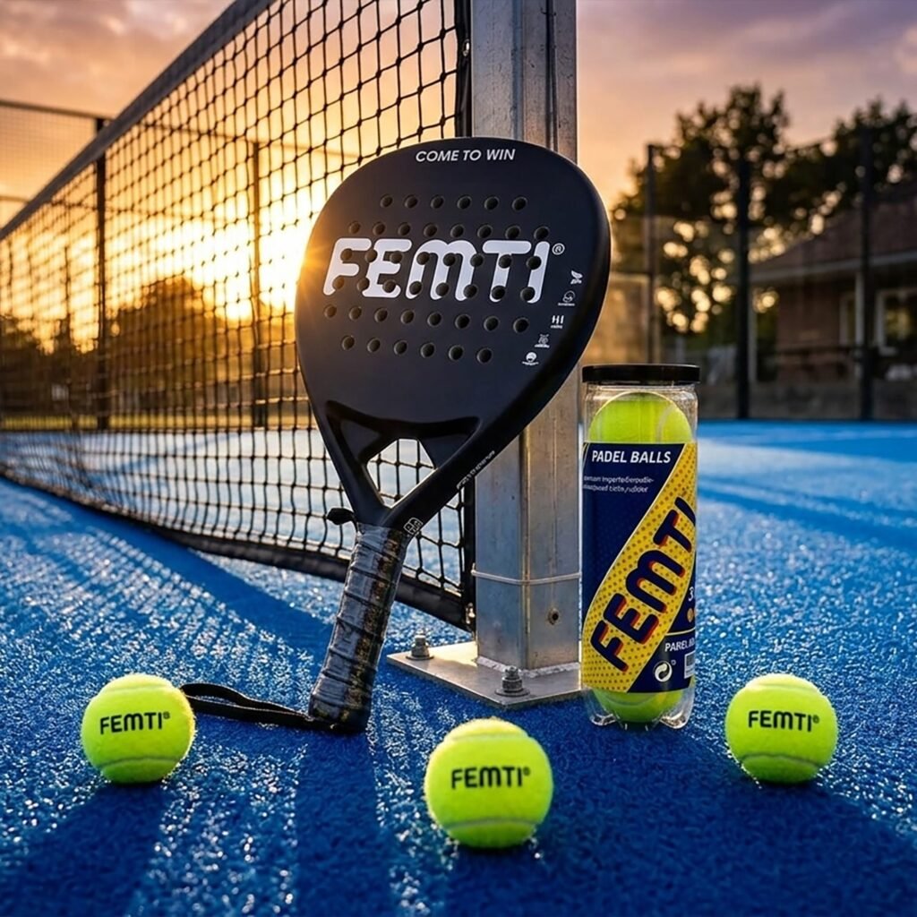 Padel racket, ball tube and three balls at the net at sunset