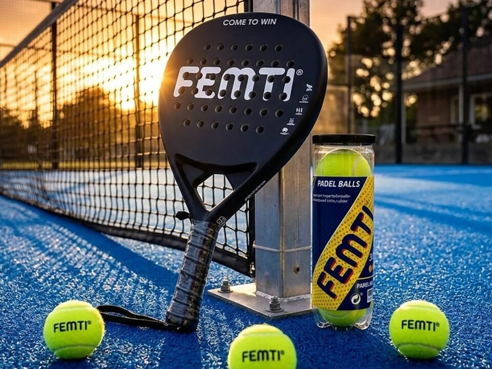 Padel racket, ball tube and three balls at the net at sunset